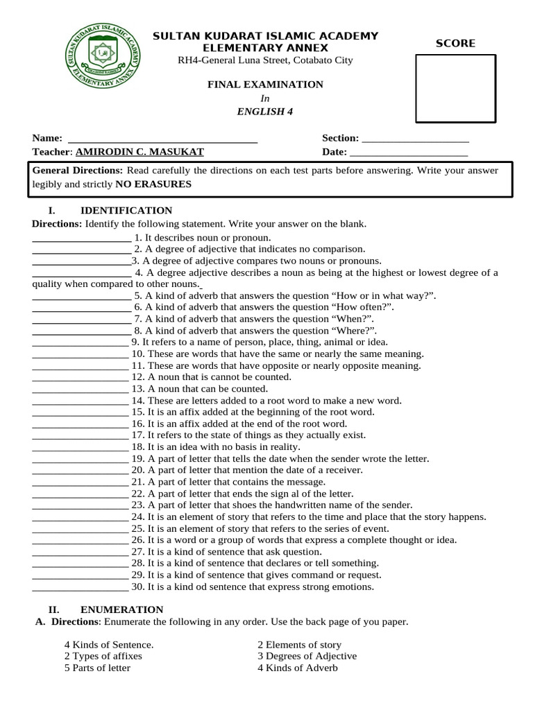English 4 Final Exam Guide | PDF | Adjective | Noun