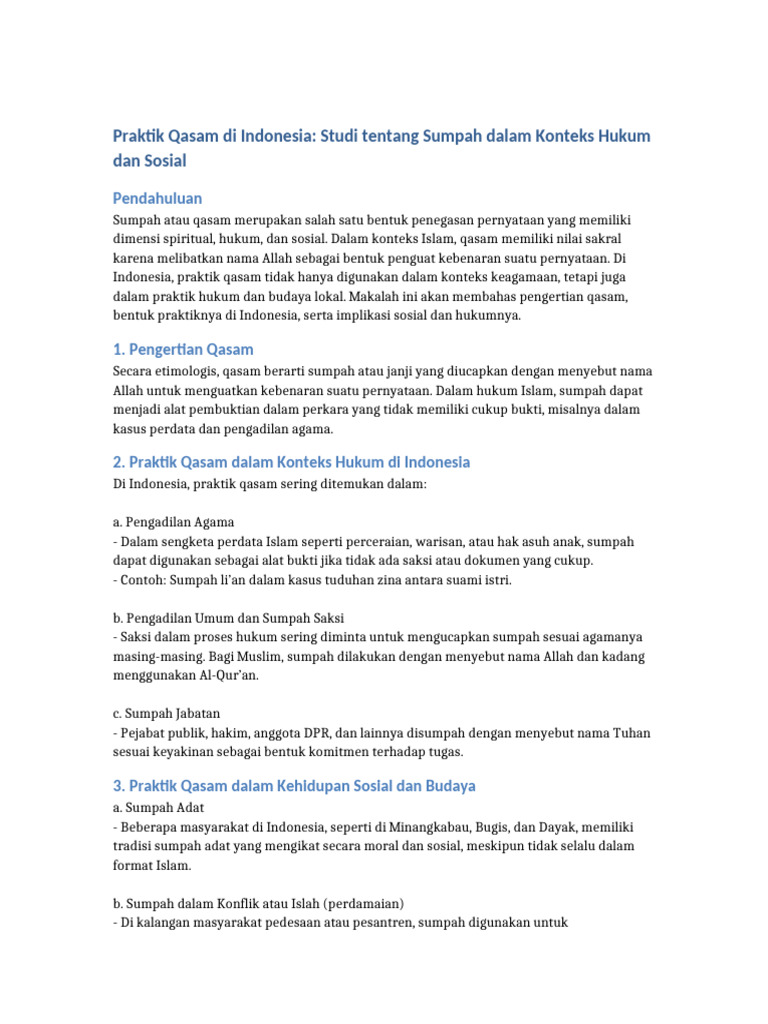 Praktik Qasam: Sumpah dalam Hukum Indonesia | PDF