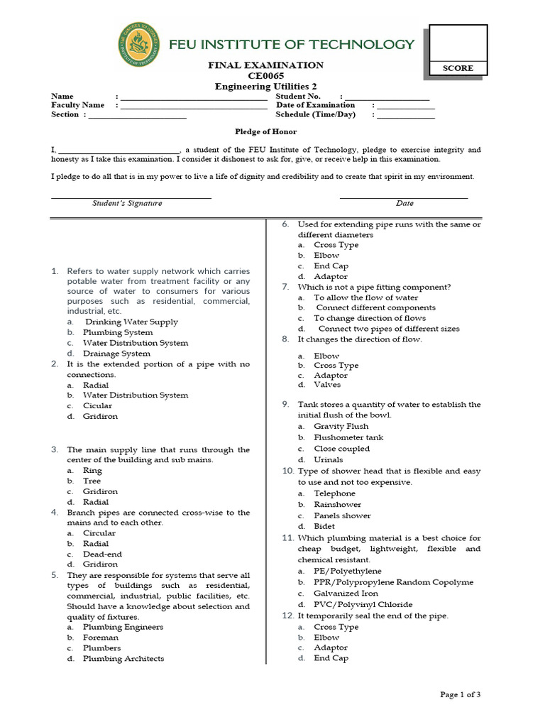 Engineering Utilities 2 Exam Questions | PDF | Water Heating | Plumbing