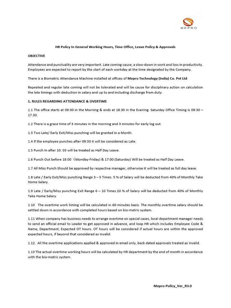 Mepro Policy On Working Hours & Time Office Management R3.0 | PDF ...