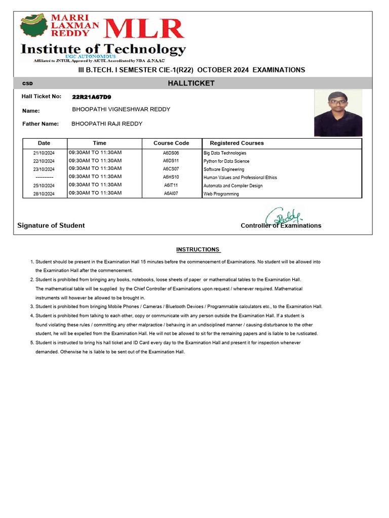 B.Tech I Semester Exam Hall Ticket 2024 | PDF | Computer Science ...