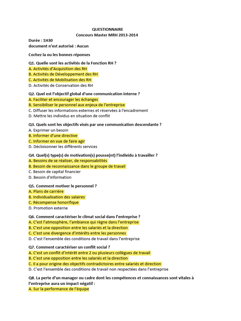 Questionnaire sur la Fonction RH 2013-2014 | PDF | Gestion des ...
