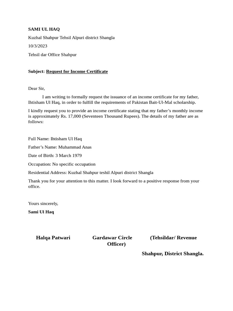 Income Certificate Request for Scholarship | PDF
