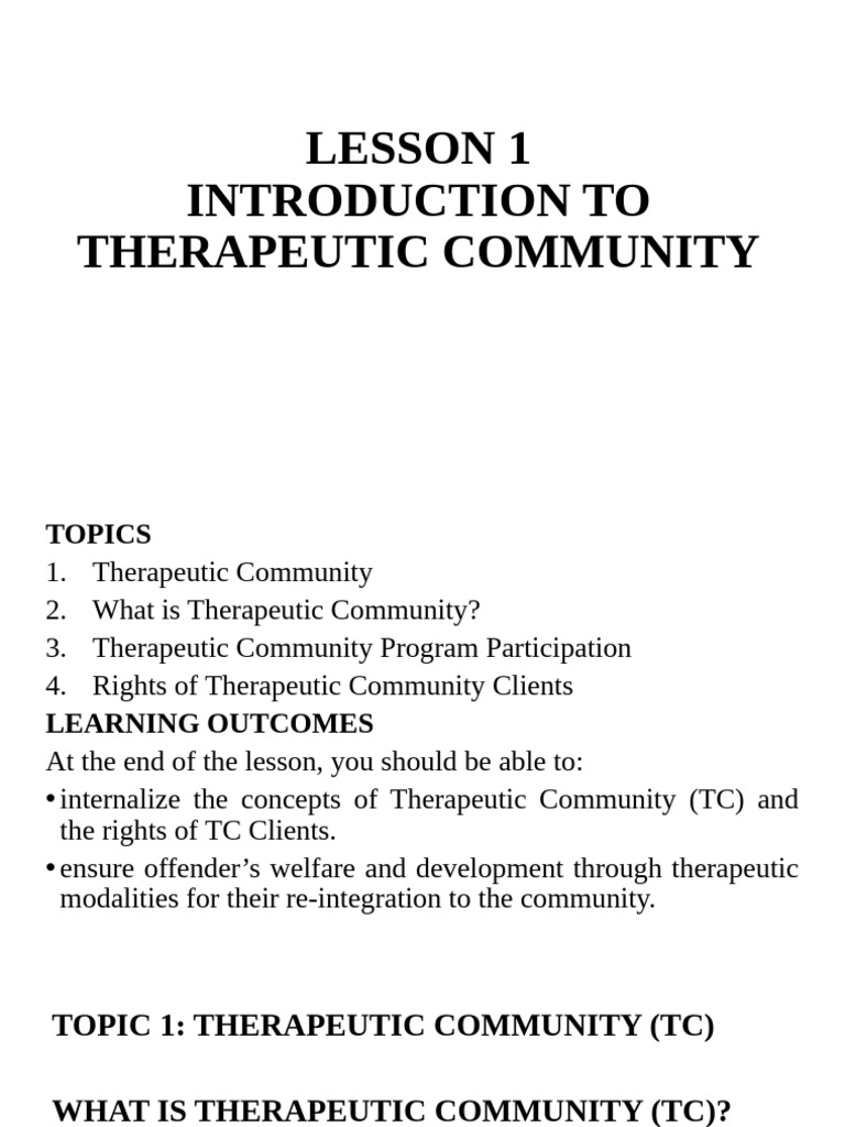 Lesson 1 Introduction To Therapeutic Community | PDF | Psychotherapy ...