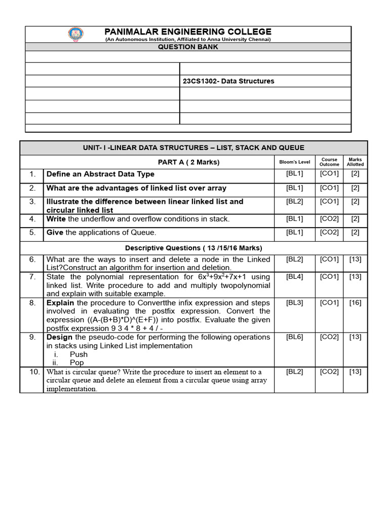 Panimalar Engineering College Question Bank | PDF | Applied Mathematics ...