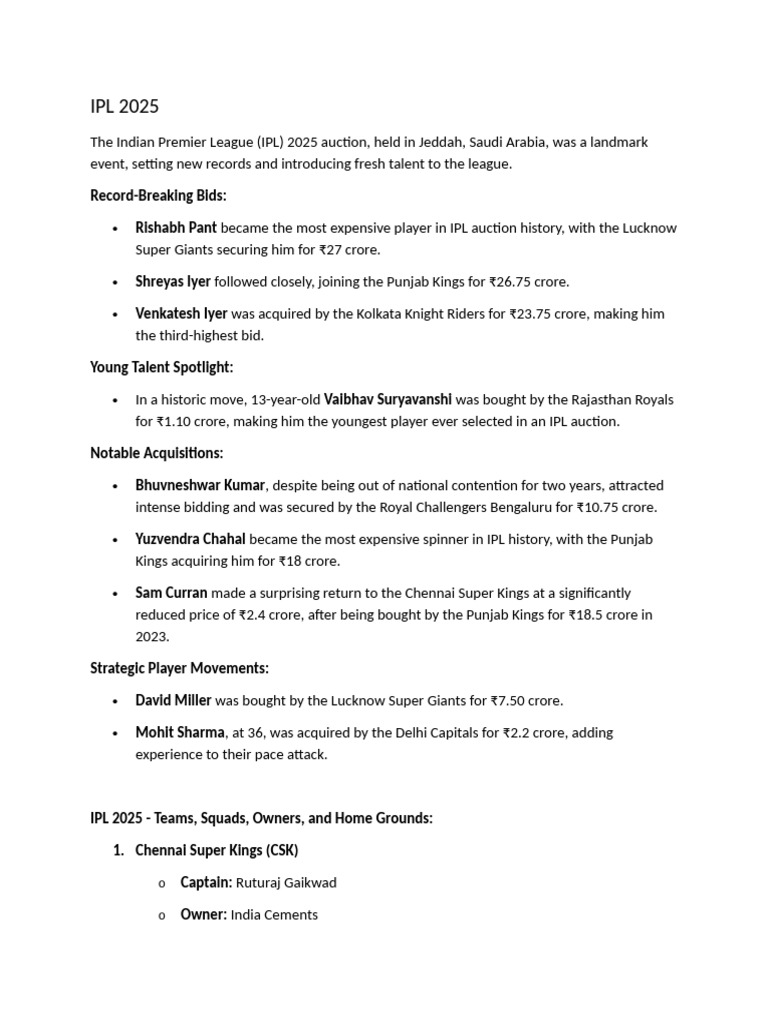 Brief About IPL 2025 | PDF | Team Sports | Cricket Competitions