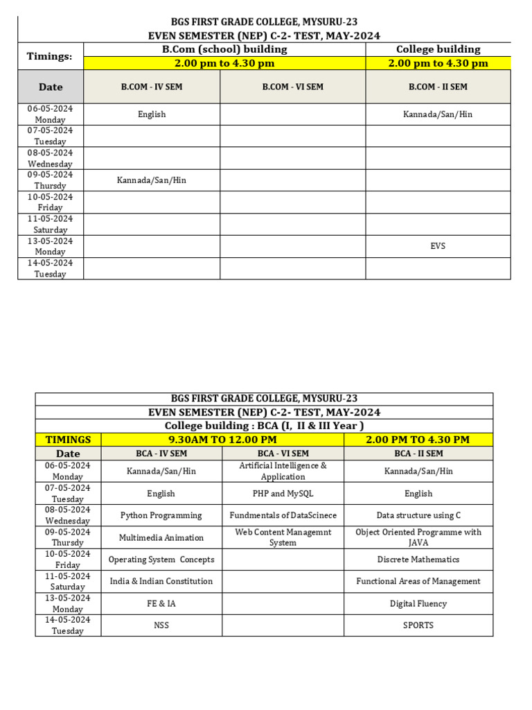 Revised C2 Time Table MAY - 2024 | PDF | Zoology | Botany