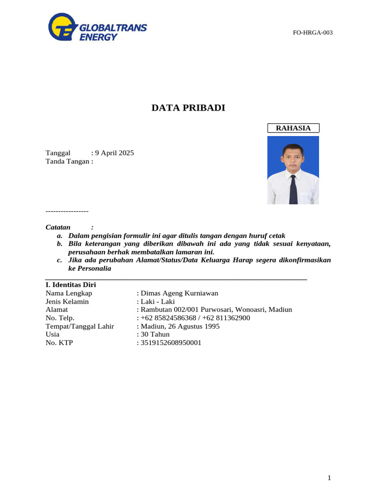Data Pribadi Dimas Ageng Kurniawan | PDF