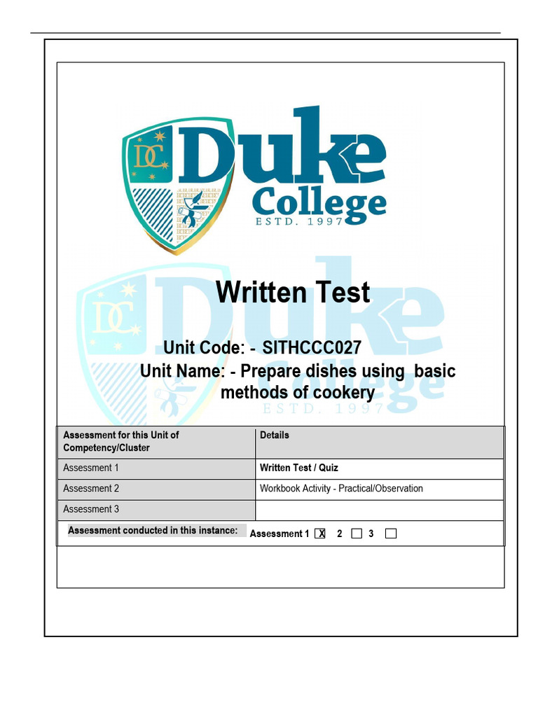 Written Test for Basic Cookery Skills | PDF | Cooking | Food Science
