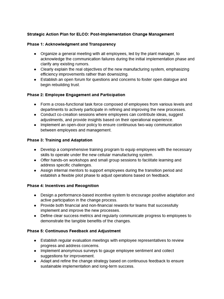 Strategic Action Plan For ELCO: Post-Implementation Change Management | PDF