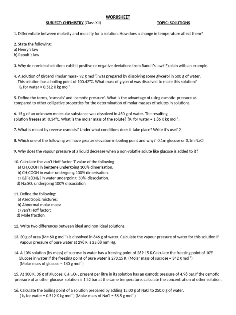 Chemistry Solutions Worksheet for Class XII | PDF | Chemistry ...