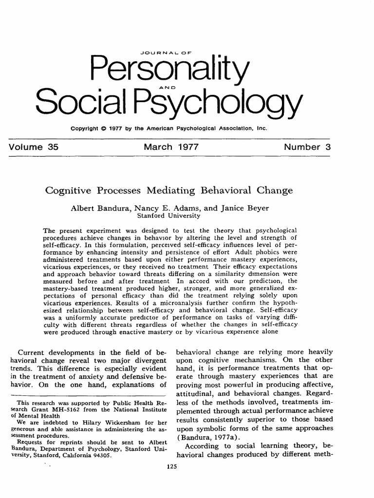 Personality Social Psychology Bandura | PDF | Self Efficacy | Fear