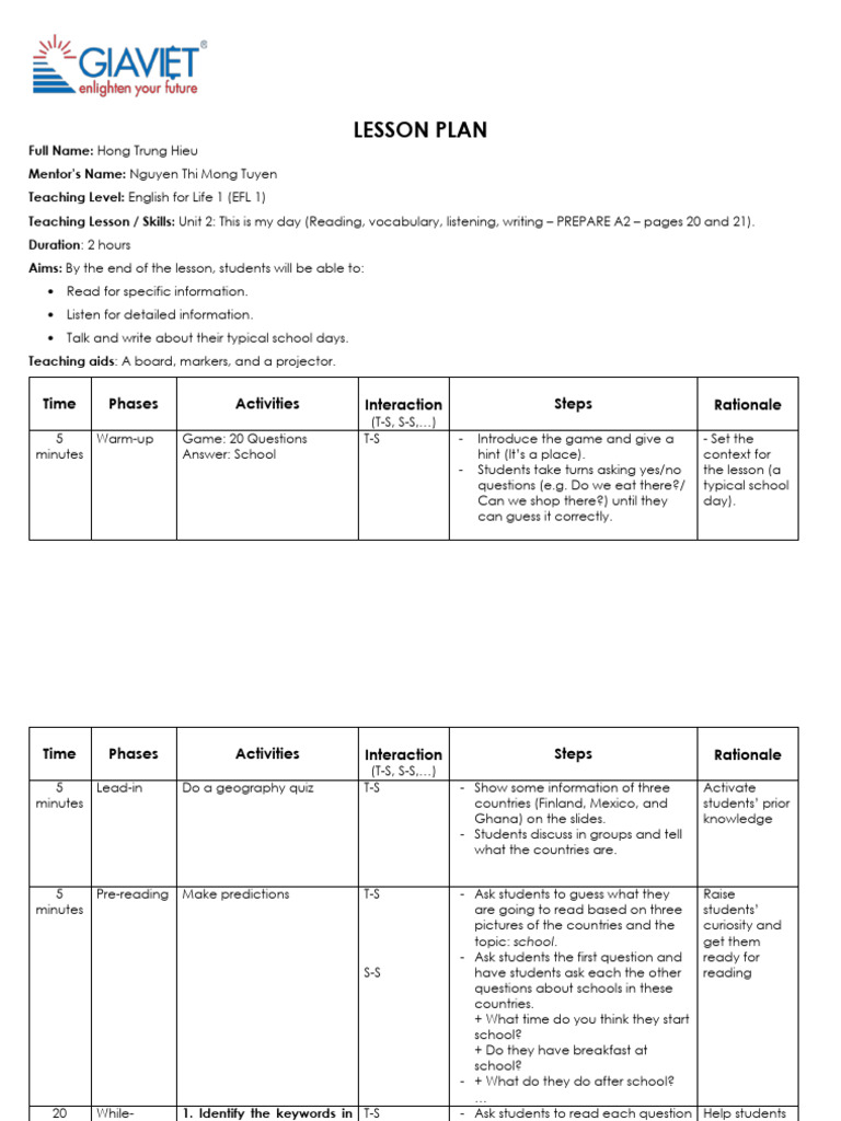 EFL 1 Lesson Plan: School Day Activities | PDF | Vocabulary | Human ...