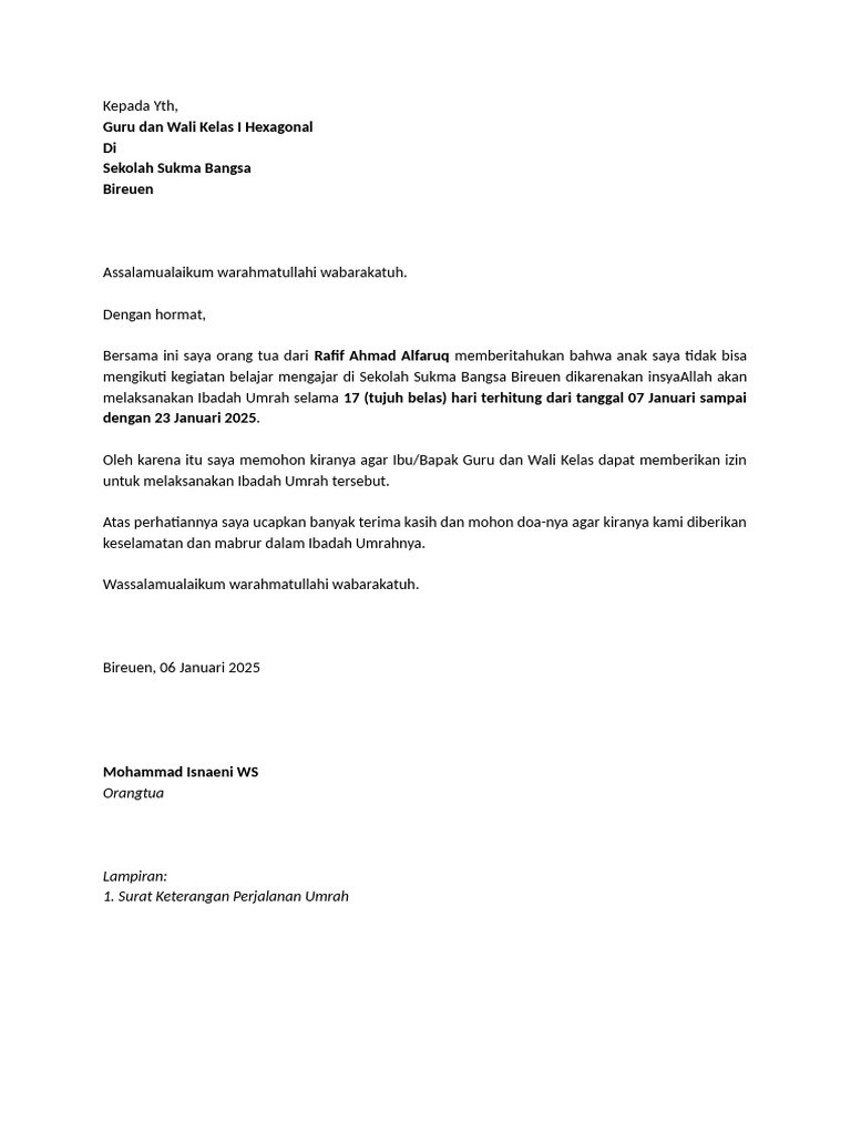 Surat Izin Umrah Sekolah | PDF
