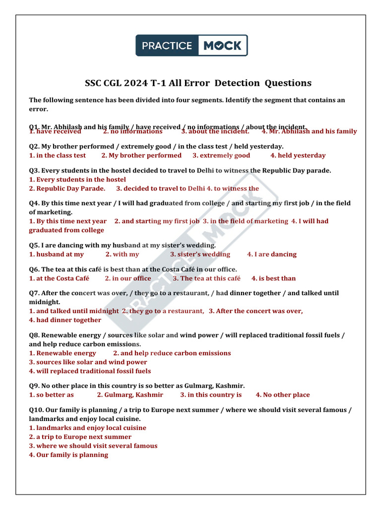 English SSC CGL 2024 T 1 Error Detection | PDF