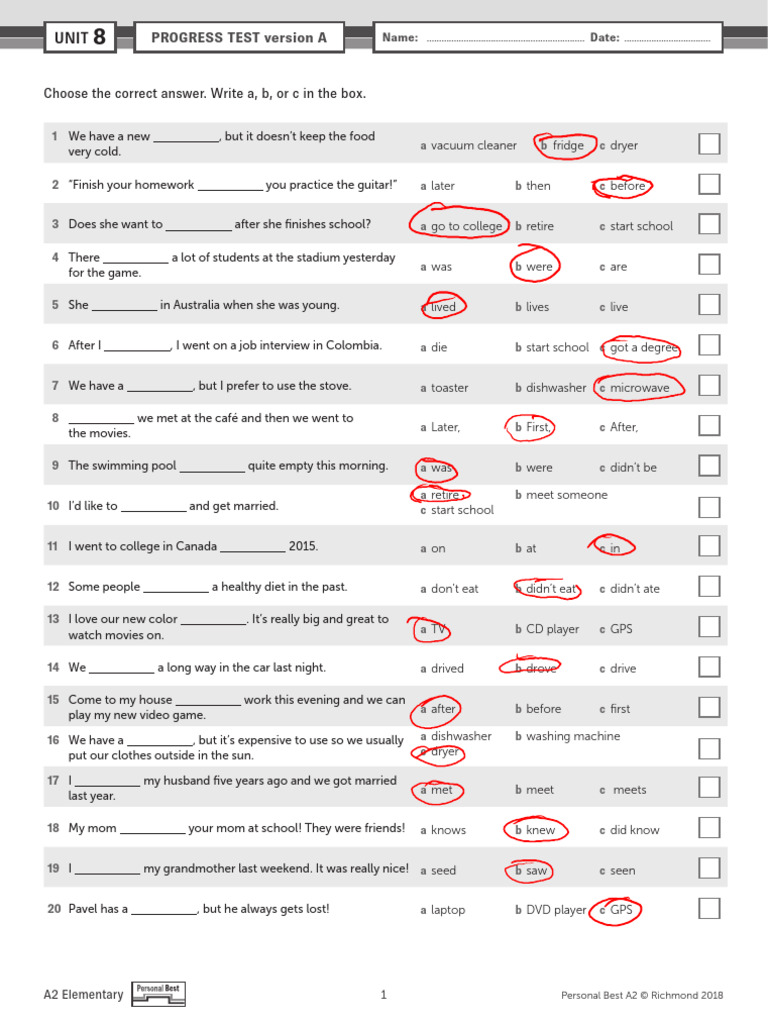PB AmE A2 Unit Test U8 Version A | PDF