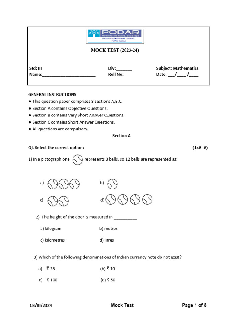 Grade 3 Maths Mock Test 2023-24 | PDF