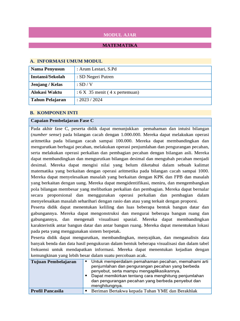 Modul Ajar Matematika Kelas V SD | PDF