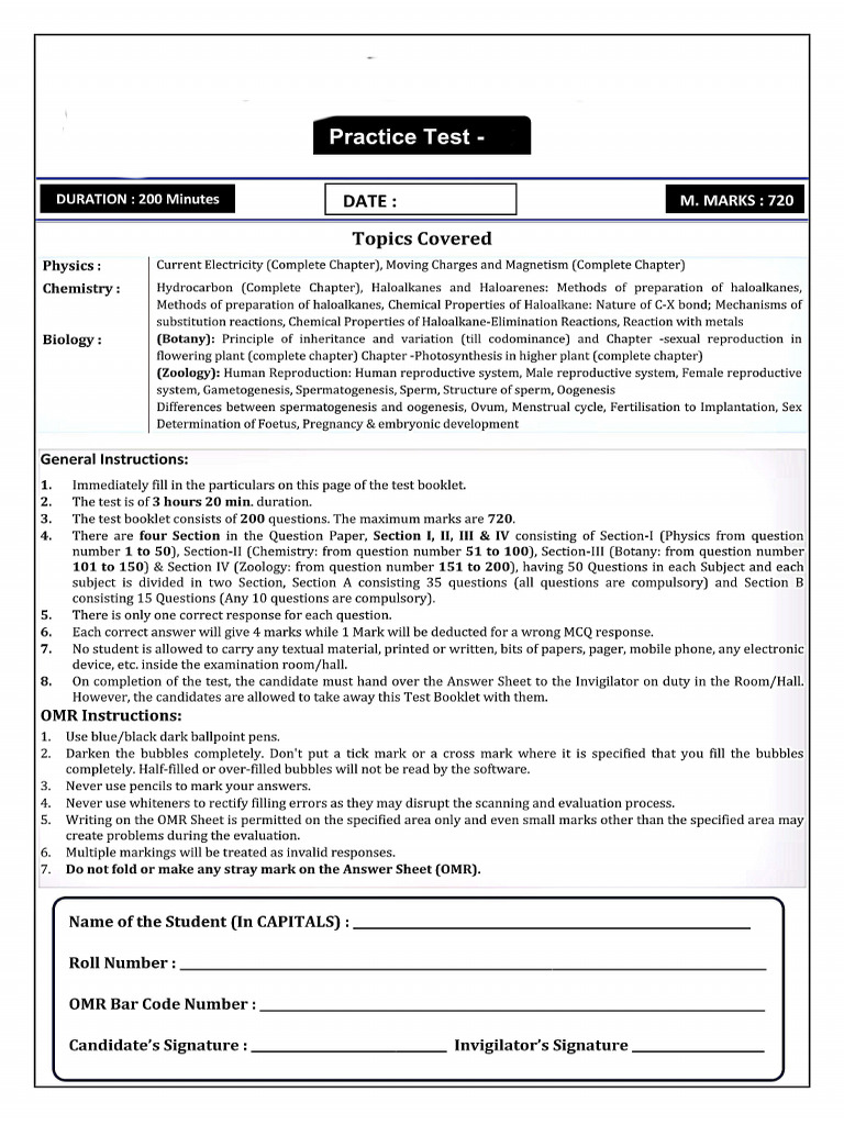 Practice Test Test Paper Neet | PDF