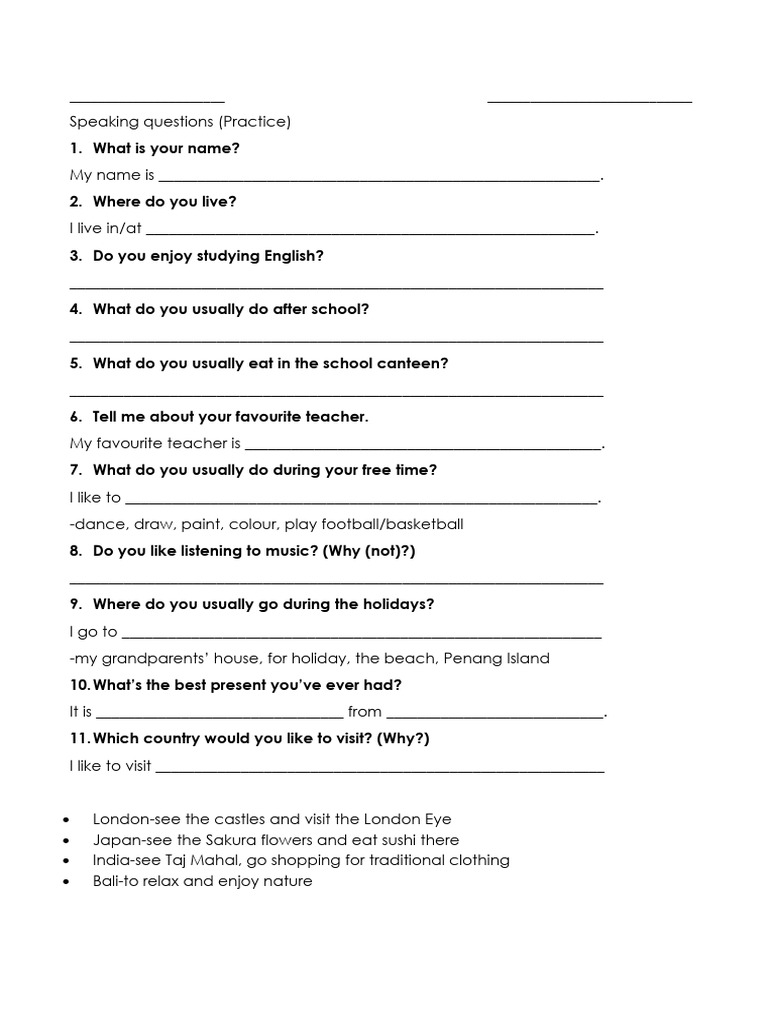 Speaking Questions-Lower Level | PDF