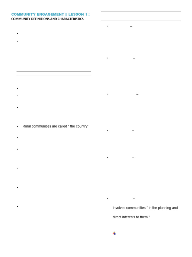 COMMUNITY ENGAGEMENT Lesson 1 Reviewer | PDF | Community | Social Sciences