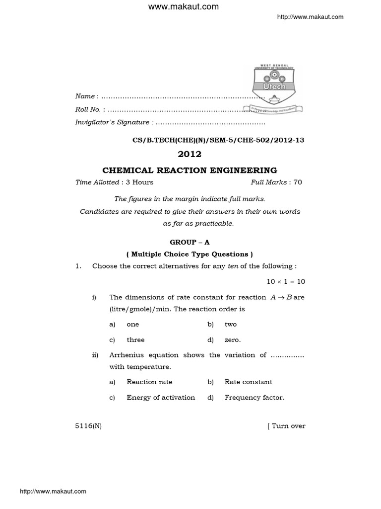 Chemical Reaction Engineering Exam Paper | PDF | Reaction Rate Constant ...