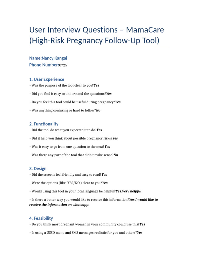 MamaCare User Interview Questions User Interview 2 | PDF