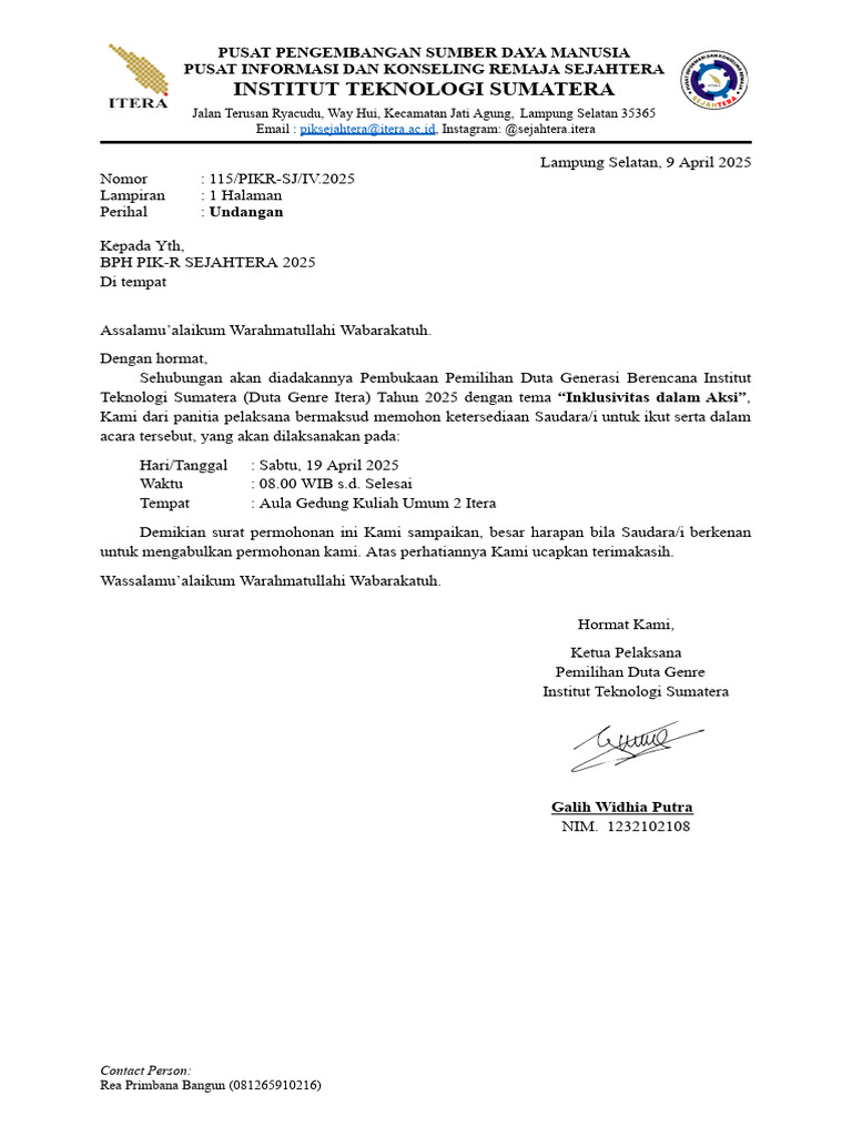 Undangan BPH PIK-R 24-25 Pembukaan Pemilihan Duta Genre ITERA 2025 | PDF
