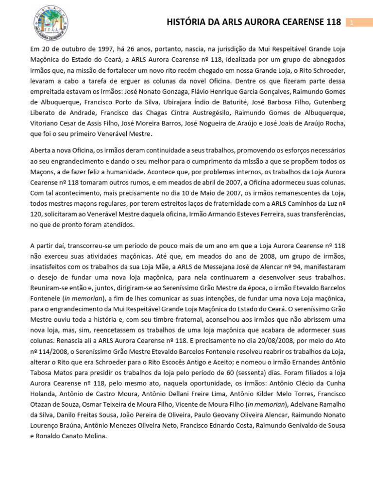 História da ARLS Aurora Cearense 118 | PDF | Loja Maçônica | Maçonaria