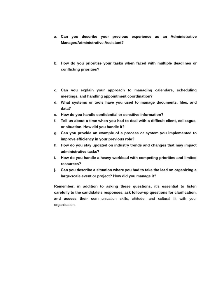 Essential Interview Questions for Admin Roles | PDF