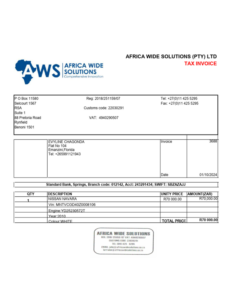 Tax Invoice for Nissan Navara Purchase | PDF