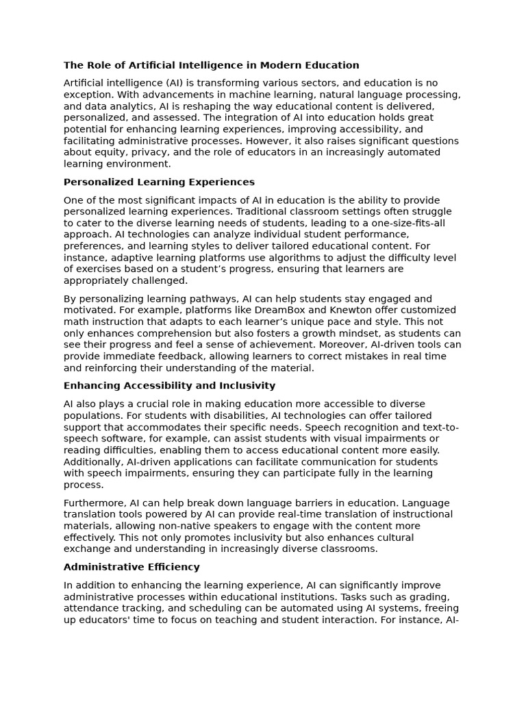 The Role of Artificial Intelligence in Modern Education | PDF ...