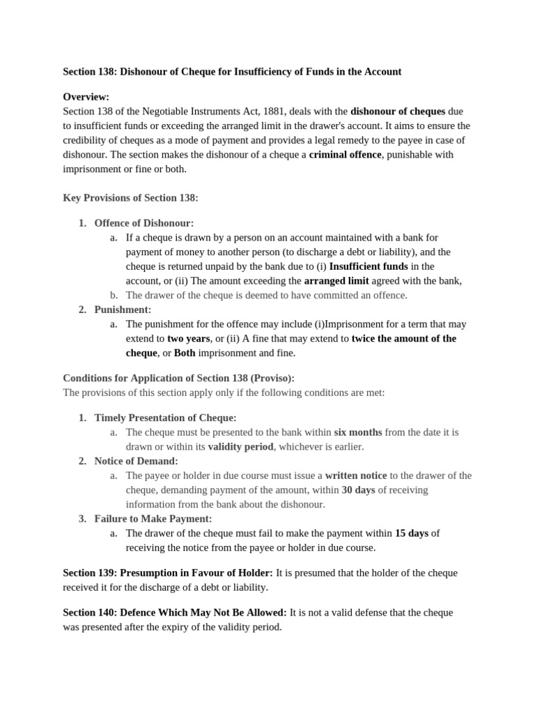 Understanding Section 138: Cheque Dishonour | PDF | Cheque | Public Law