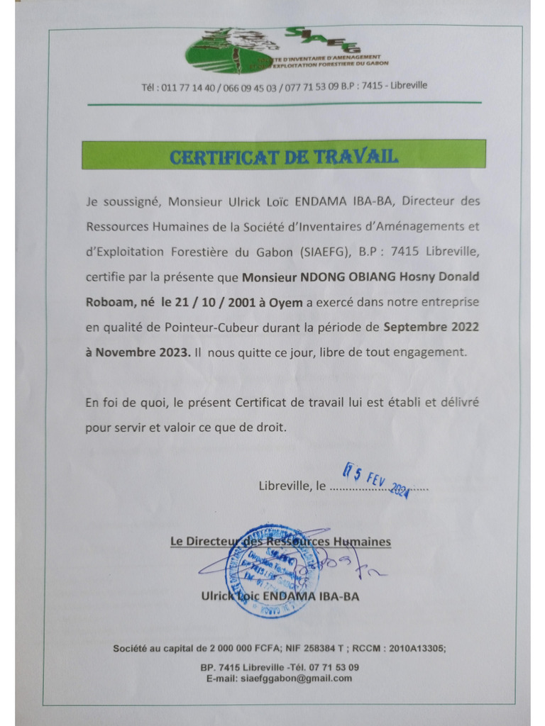Certificat de Travail | PDF