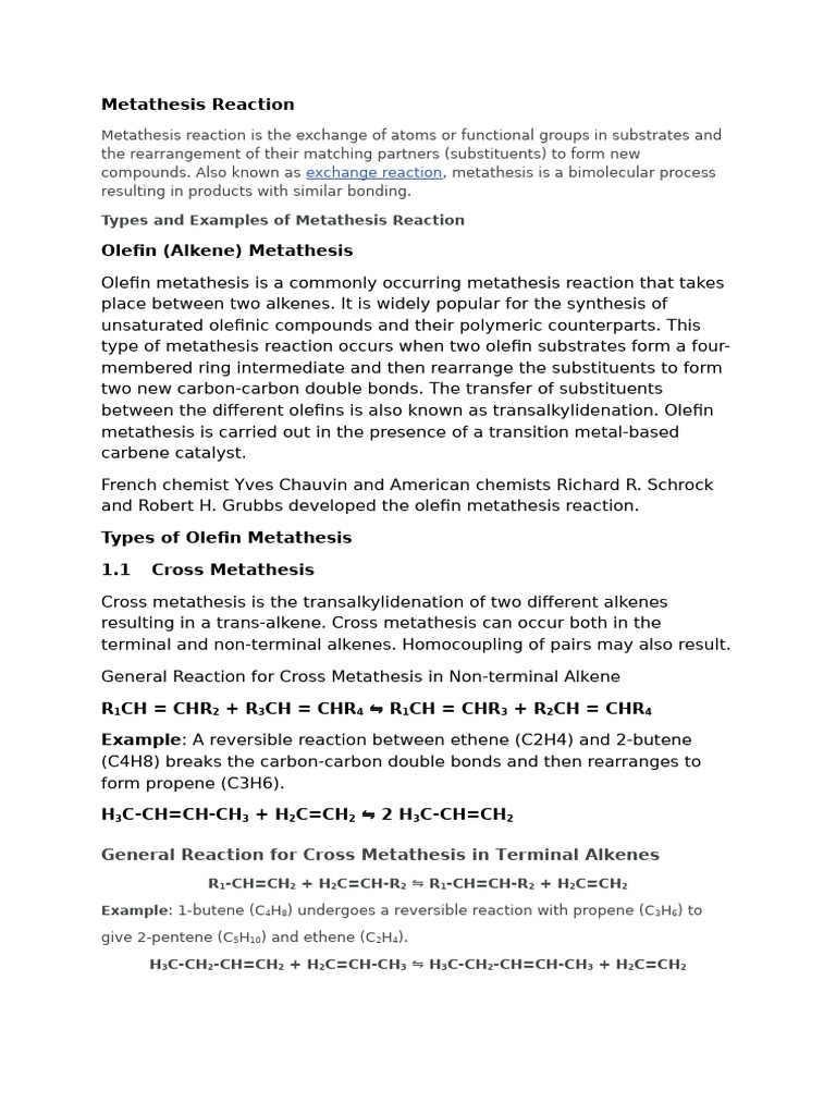 Overview of Metathesis Reactions | PDF | Alkene | Organic Chemistry
