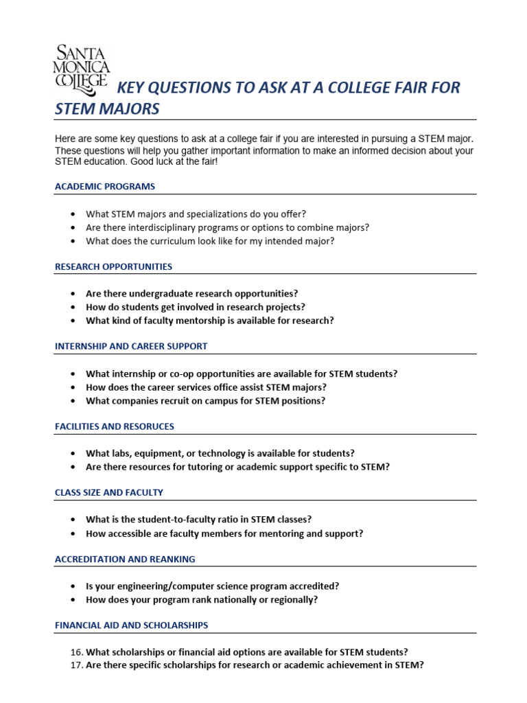 Key Questions for STEM Majors at Fairs | PDF