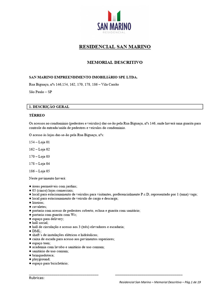 Memorial Descritivo Residencial San Marino | PDF | Telha | Alvenaria