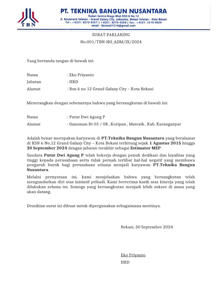 Contoh Surat Paklaring Karyawan | PDF