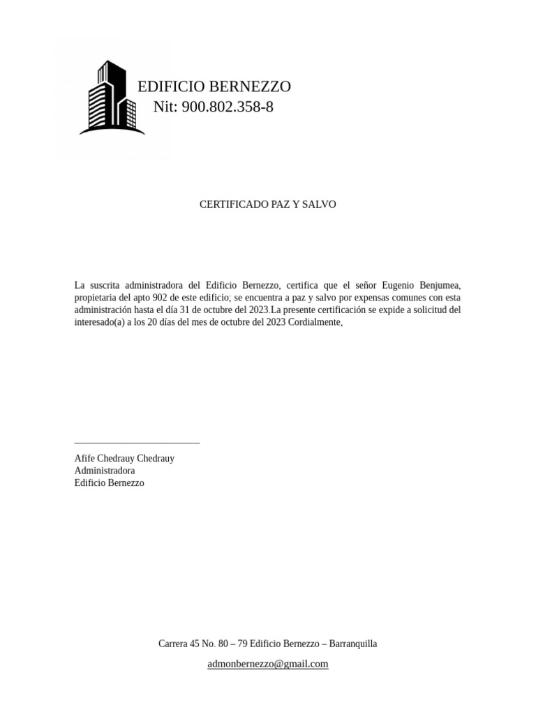 Certificado Paz y Salvo Edificio Bernezzo | PDF
