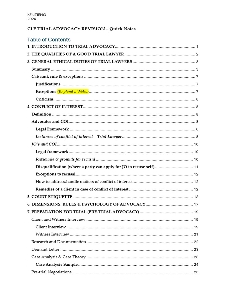 Trial Advocacy Quick Notes 2024 | PDF | Conflict Of Interest ...