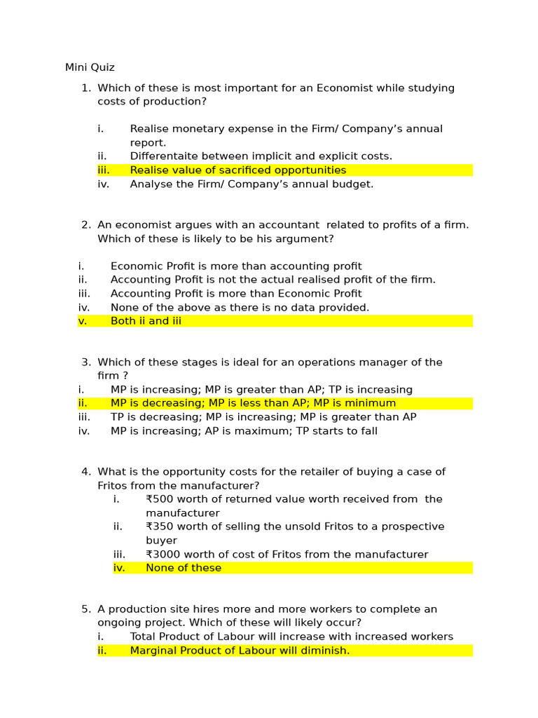 Economics MCQ | PDF | Marginal Cost | Profit (Economics)