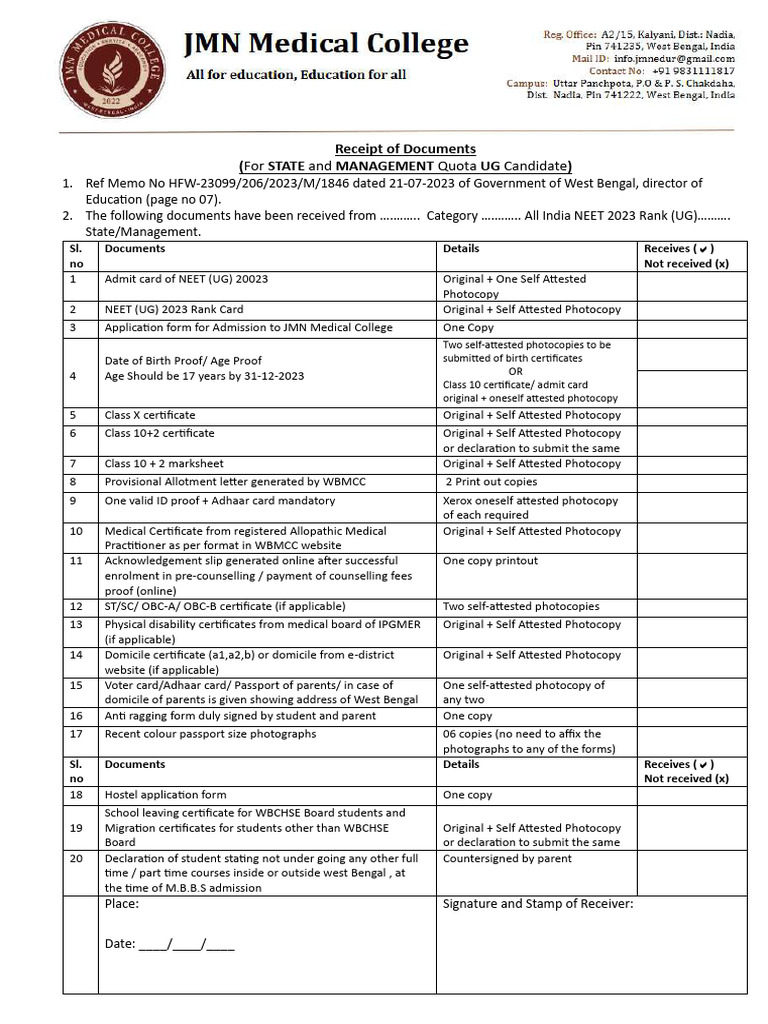 Admission Document Checklist for UG Candidates | PDF | Photocopier ...