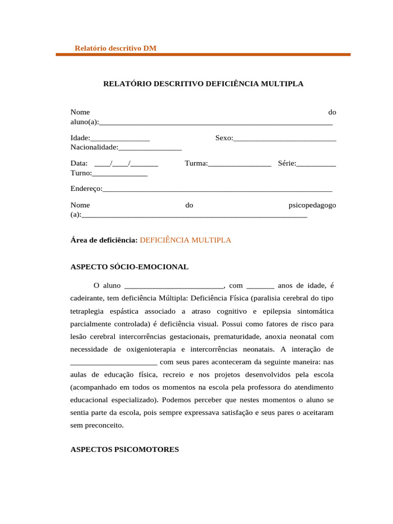 Relatório Descritivo de Aluno com Deficiência Múltipla | PDF ...