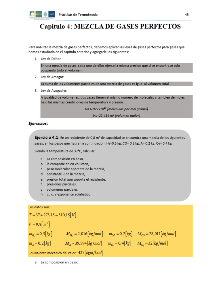 4 - Mezcla de Gases Perfectos | PDF | Mole (Unidad) | Gases
