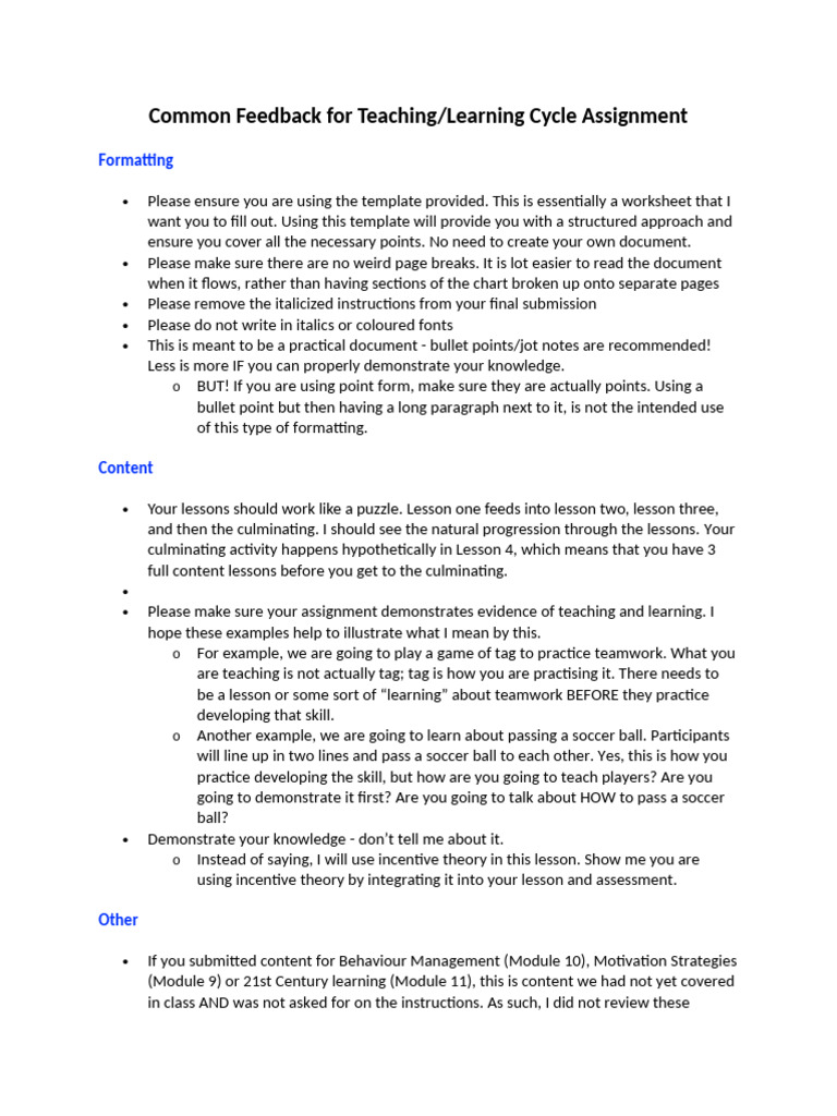 Common Feedback For Teaching and Learning Assignment | PDF | Motivation ...