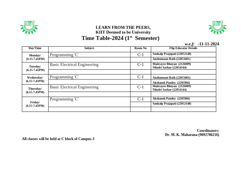 KIIT 1st Semester Timetable 2024 | PDF