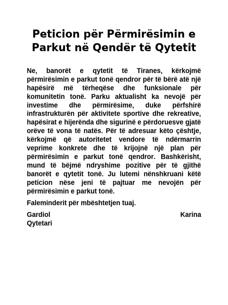 Peticion Për Përmirësimin e Parkut Në Qendër Të Qytetit | PDF