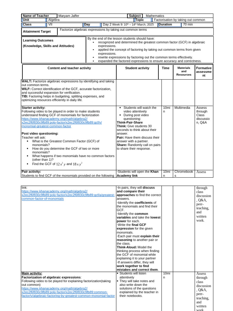 Algebra Factorization Lesson Plan | PDF | Equations | Variable ...
