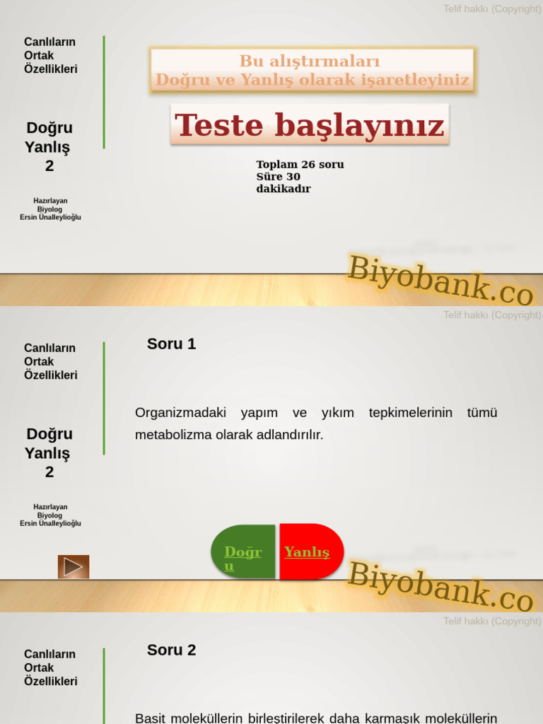 Canlilarin Ortak Ozellikleri Dogru Yanlıs 2 Sorular | PDF