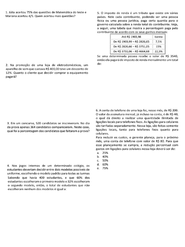 Exercícios Porcentagem | PDF